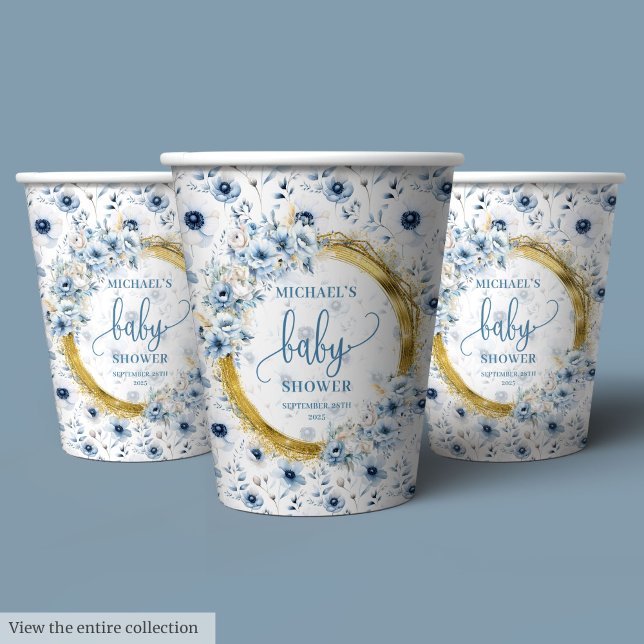 Gobelets En Papier Baby shower doré bleu doux personnalisé (Sweet dusty blue flowers gold baby shower custom Paper Cups)