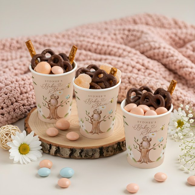 Gobelets En Papier Baby shower d'ours mignon en bois floral (Cute Floral Woodland Knitted Bear Baby Shower Paper Cups)