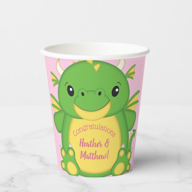 Gobelets En Papier Baby shower Dragon rose (Recto)