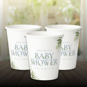 Gobelets En Papier Baby-Shower Elégant à Dusty Blue avec de la Verdur