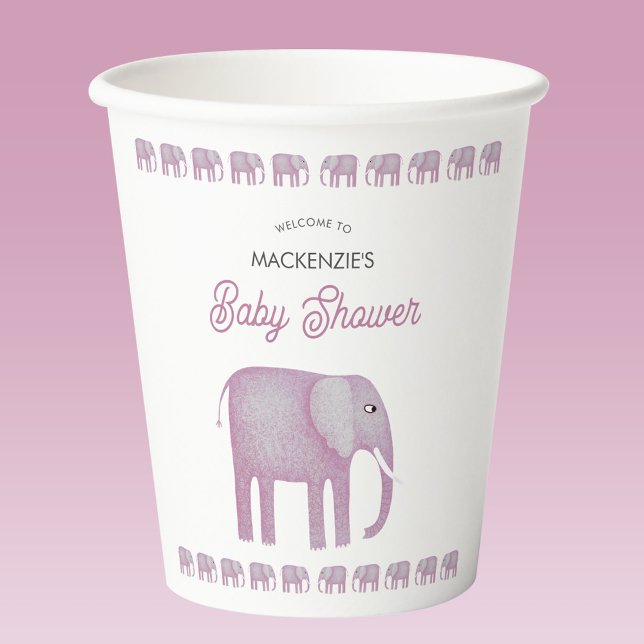 Gobelets En Papier Baby shower Eléphant Rose Personnalisé (Pink watercolor elephant baby shower paper cup)