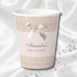 Gobelets En Papier Baby shower en dentelle rose Pearl Satin Bow Regen