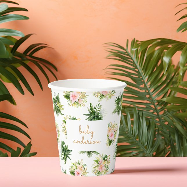 Gobelets En Papier Baby Shower Feuilles Tropicales (tropical paper cup for a wild one jungle baby shower party with flowers in neutral colors)