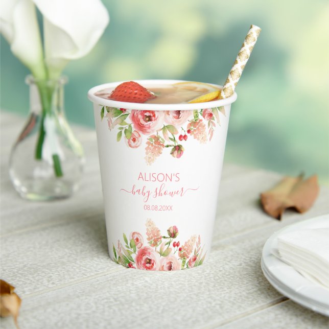 Gobelets En Papier Baby Shower Fille de verdure florale de rose rose (Insitu)