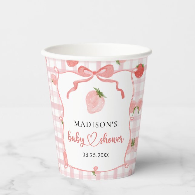 Gobelets En Papier Baby Shower Fille Rose Gingham Fraise (Recto)