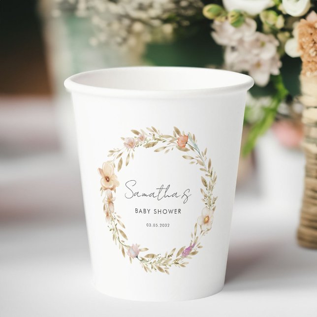 Gobelets En Papier Baby Shower Fleur Bohème (Custom Boho Flower Baby Shower Paper Cups with your Name & Date. For Baby Girl, Baby Boy.)