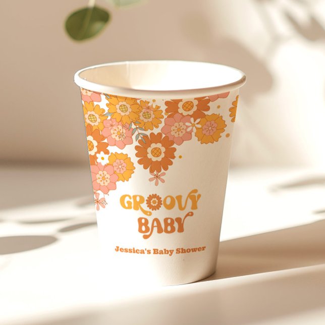Gobelets En Papier Baby shower fleuri bébé super rétro les années 70 (Créateur téléchargé)