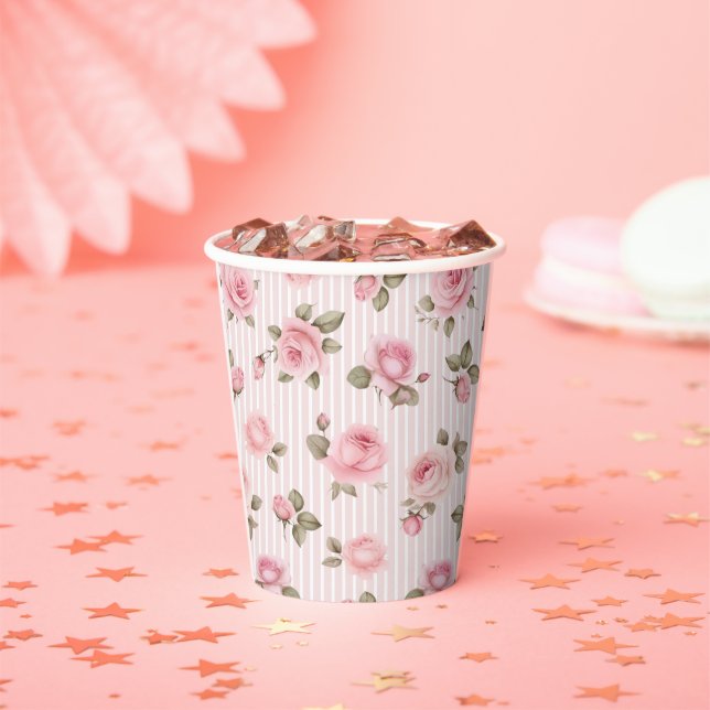 Gobelets En Papier Baby Shower Fleurs Roses Vintage (Insitu)