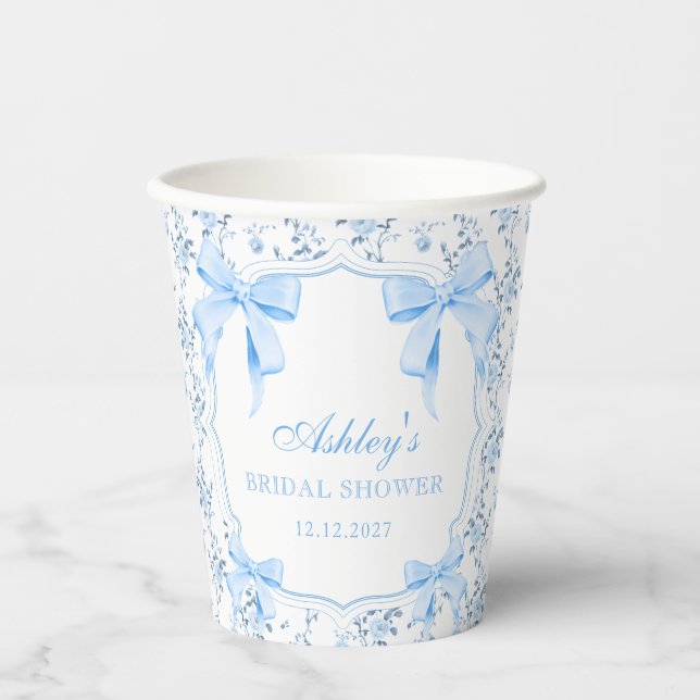 Gobelets En Papier Baby Shower Floral au Ruban Bleu (Recto)