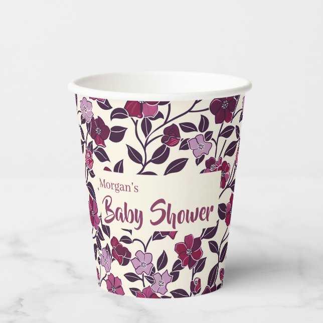 Gobelets En Papier Baby shower Floral pourpre (Recto)