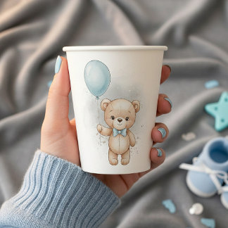 Gobelets En Papier Baby Shower for Boy Blue Balloon, Teddy Bear & Bow