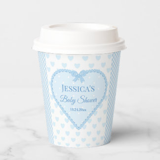Gobelets En Papier Baby Shower Garçon Cœur en Dentelle Gingham Bleu