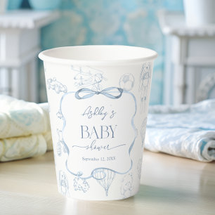 Gobelets En Papier Baby shower garçon thème Toile de Jouy bleue