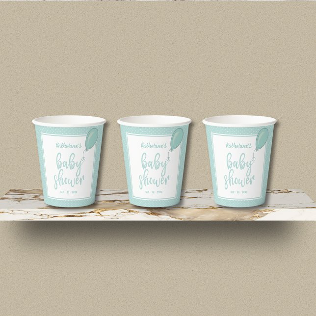 Gobelets En Papier Baby shower Genre Neutre Pastel Vert (Pastel Green Gender Neutral Baby Shower Paper Cups with Polka Dot, Balloon, Mom's Name, Date.)