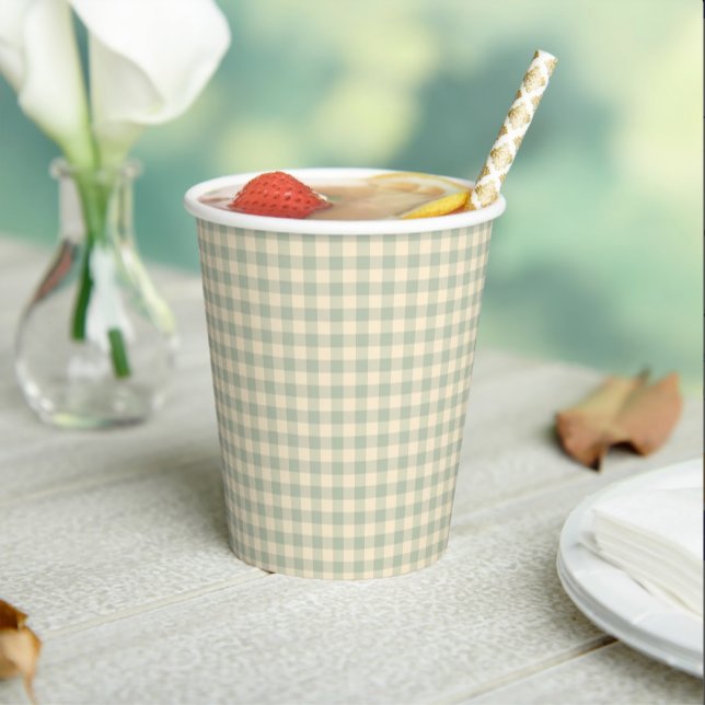 Gobelets En Papier Baby Shower Gingham Vert Sauge Moderne  (Gingham Baby Shower Paper Cup)