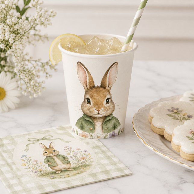 Gobelets En Papier Baby Shower Lapin Gingham Sage (Créateur téléchargé)