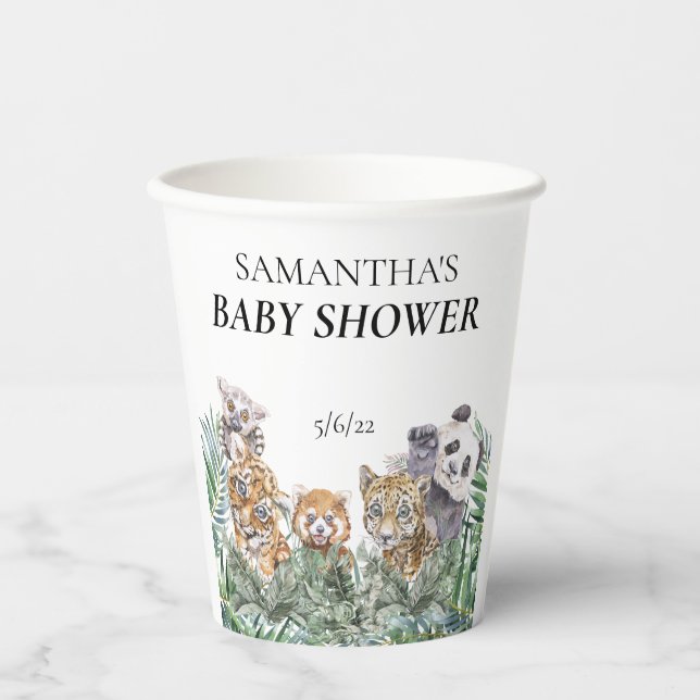 Gobelets En Papier Baby shower Les animaux de la jungle tropicale (Recto)