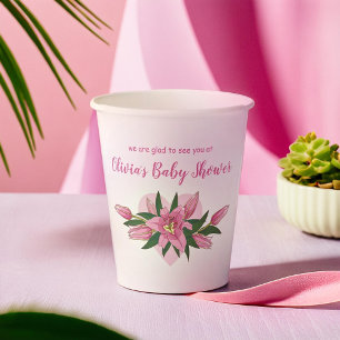 Gobelets En Papier Baby shower Lys en fleurs blanc et rose