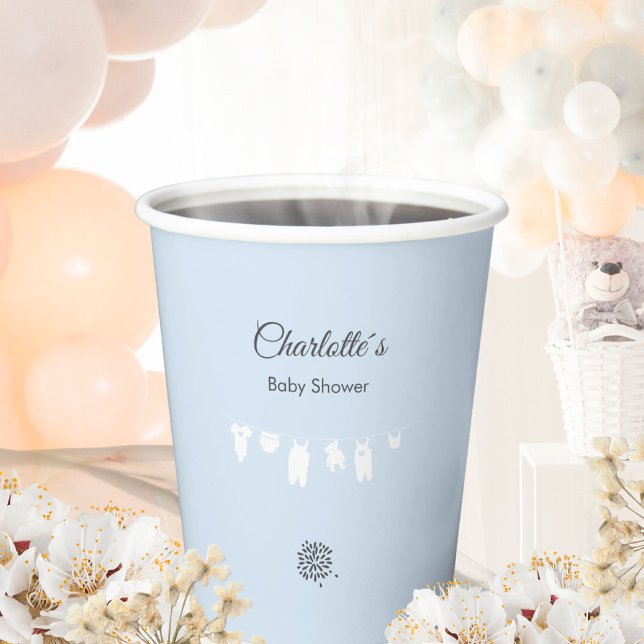 Gobelets En Papier Baby shower minimaliste bleu clair (Minimalist Light Blue Clothesline Baby Boy Shower Paper Cups ©Susanne Sachers - Sunny Mind 🌞)
