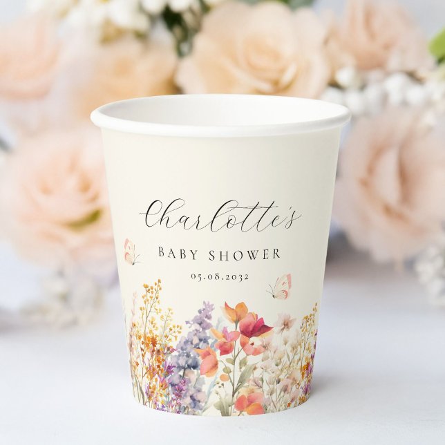 Gobelets En Papier Baby shower moderne et Fleur sauvage (Modern, Wildflower Baby Shower Paper Cups with your name and date. For boy and girl, gender-neutral.)