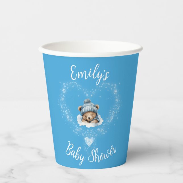 Gobelets En Papier Baby shower Ours Bleu Teddy Excité (Recto)