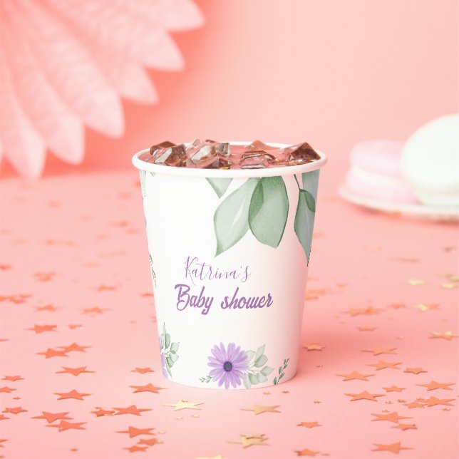 Gobelets En Papier Baby shower personnalisé de fleurs d'aquarelle vio (Insitu)