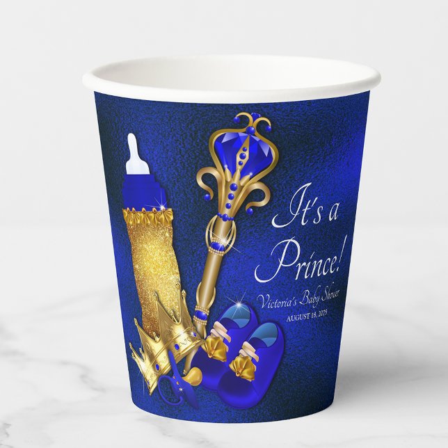 Gobelets En Papier Baby Shower Prince Bleu Royal Or (All text can be changed.)