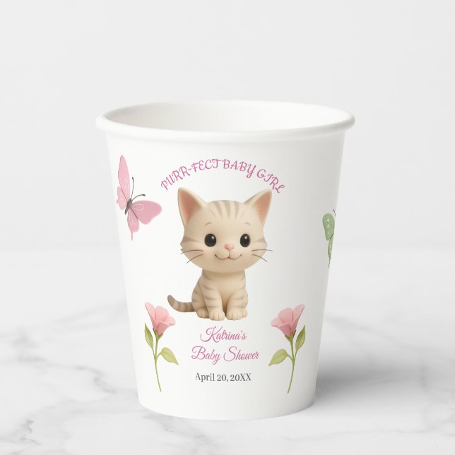 Gobelets En Papier Baby shower Purr-fect bébé fille chaton (Recto)