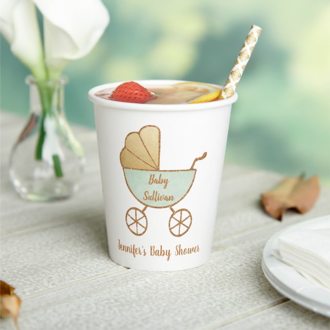 Gobelets En Papier Baby shower Retro Mint Green Carriage (Insitu)