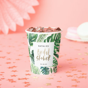 Gobelets En Papier Baby shower tropical vert palmier et or écriture