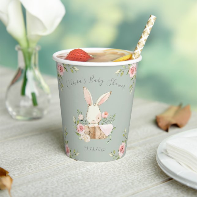 Gobelets En Papier Baby shower vert Pink Floral Bunny Sage (Insitu)