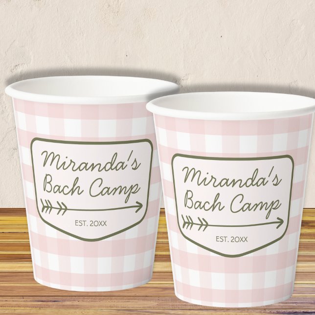 Gobelets En Papier Bach Camp d'été Badge Pink Bachelorette Camping (Summer Bach Camp Badge Pink Bachelorette Camping Paper Cups)