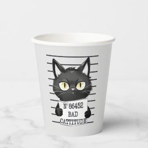 Gobelets En Papier Bad Cattitude - Mugshot de chat noir