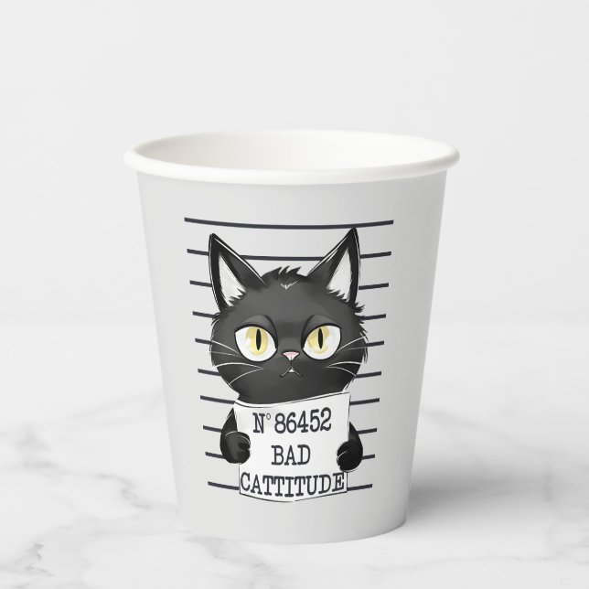 Gobelets En Papier Bad Cattitude - Mugshot de chat noir (Recto)