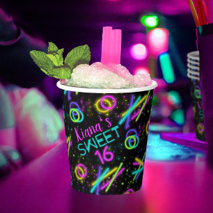Gobelets En Papier Baguette de Neon Glow Sweet 16 Nom ID760
