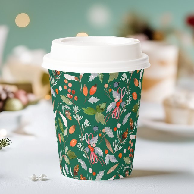 Gobelets En Papier Baies botaniques d'hiver et feuillage vert foncé  (Créateur téléchargé)
