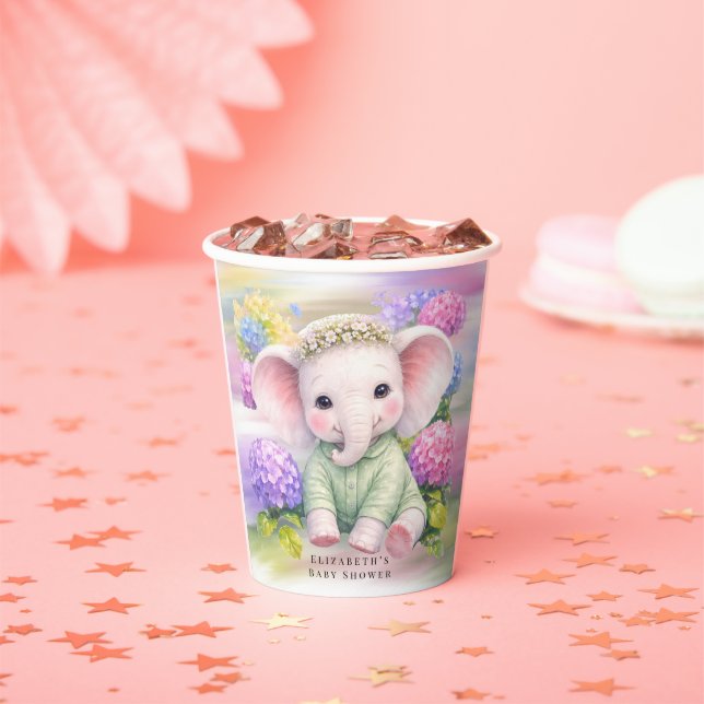 Gobelets En Papier Bain de bébé éléphant aux hortensias (Insitu)