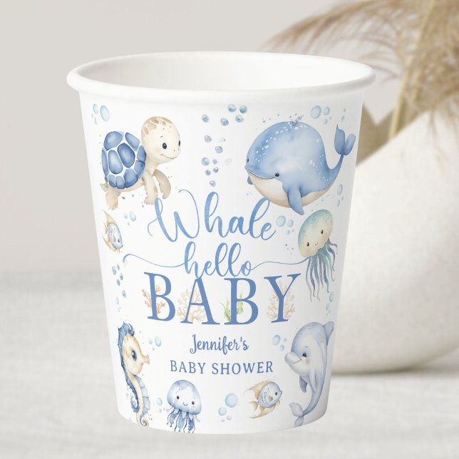 Gobelets En Papier Baleine Bonjour Baby Shower Garçon Océan Bleu (Créateur téléchargé)