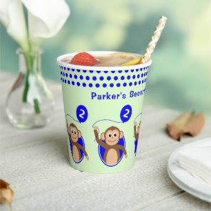 Gobelets En Papier Ballon bleu singe de 2e anniversaire