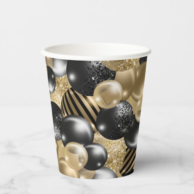 Gobelets En Papier Balloon d'or noir moderne 50e anniversaire (Recto)