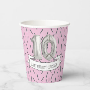 Gobelets En Papier Balloon rose et gris filles 10e fête d'anniversai