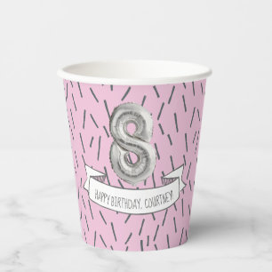 Gobelets En Papier Balloon rose et gris Filles 8e anniversaire Pap