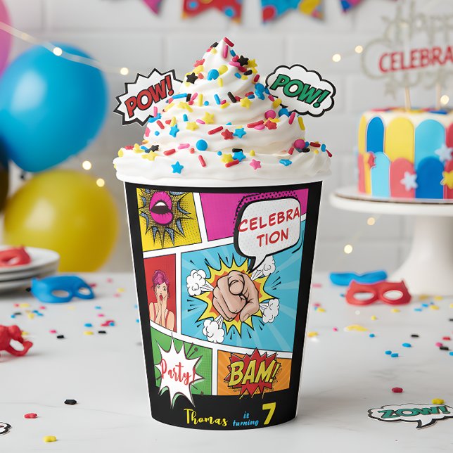 Gobelets En Papier Bande dessinée pop art anniversaire (Créateur téléchargé)