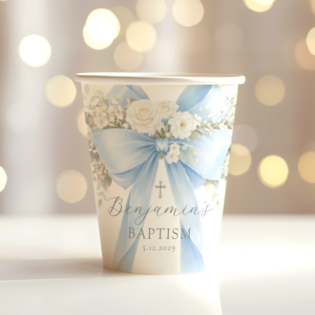 Gobelets En Papier Baptême bébé garçon Ruban Bleu Eucalyptus (Créateur téléchargé)