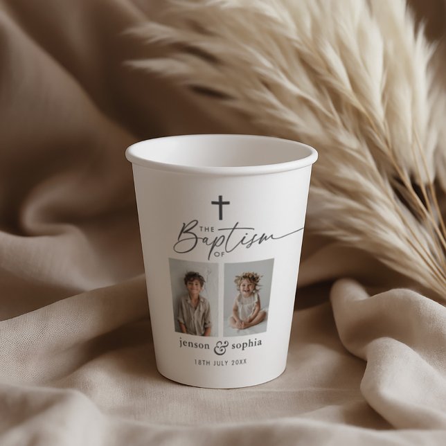 Gobelets En Papier Baptême conjoint 2 photo (Zazzle Joint Baptism 2 Photo Paper Cups)