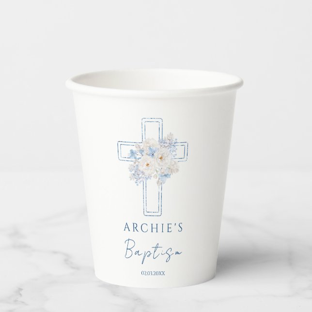 Gobelets En Papier Baptême croix florale bleue (Recto)