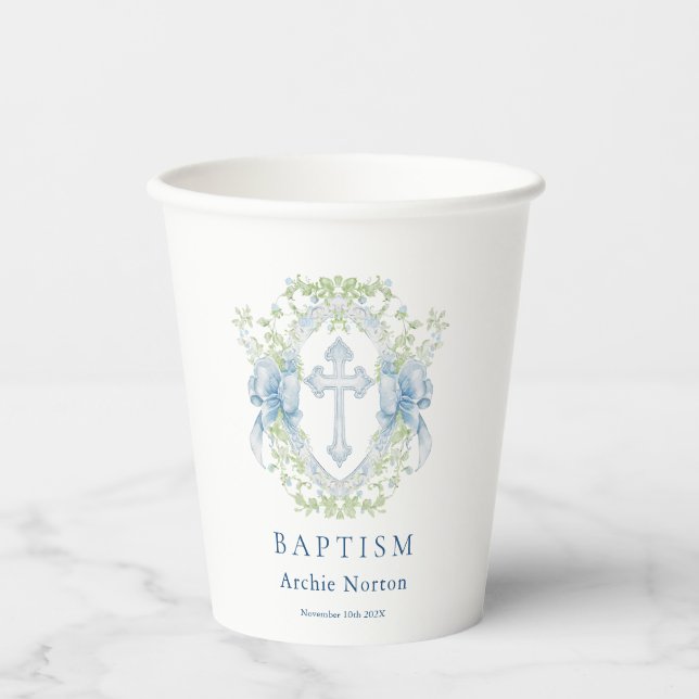 Gobelets En Papier Baptême Cross Crest Green Baby Boy Tasse en papier (Recto)