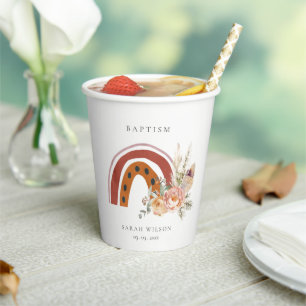 Gobelets En Papier Baptême de croix arc-en-ciel Floral Boho orange ro