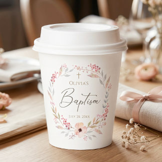 Gobelets En Papier Baptême Fille Floral Rose Tendre