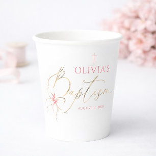 Gobelets En Papier Baptême Fille Ruban Doré et Rose Élégant